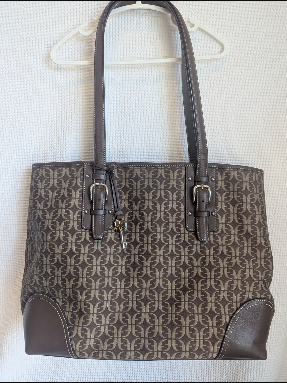 Fossil Brown Signature Canvas Tote with Dark Brown Leather Trim